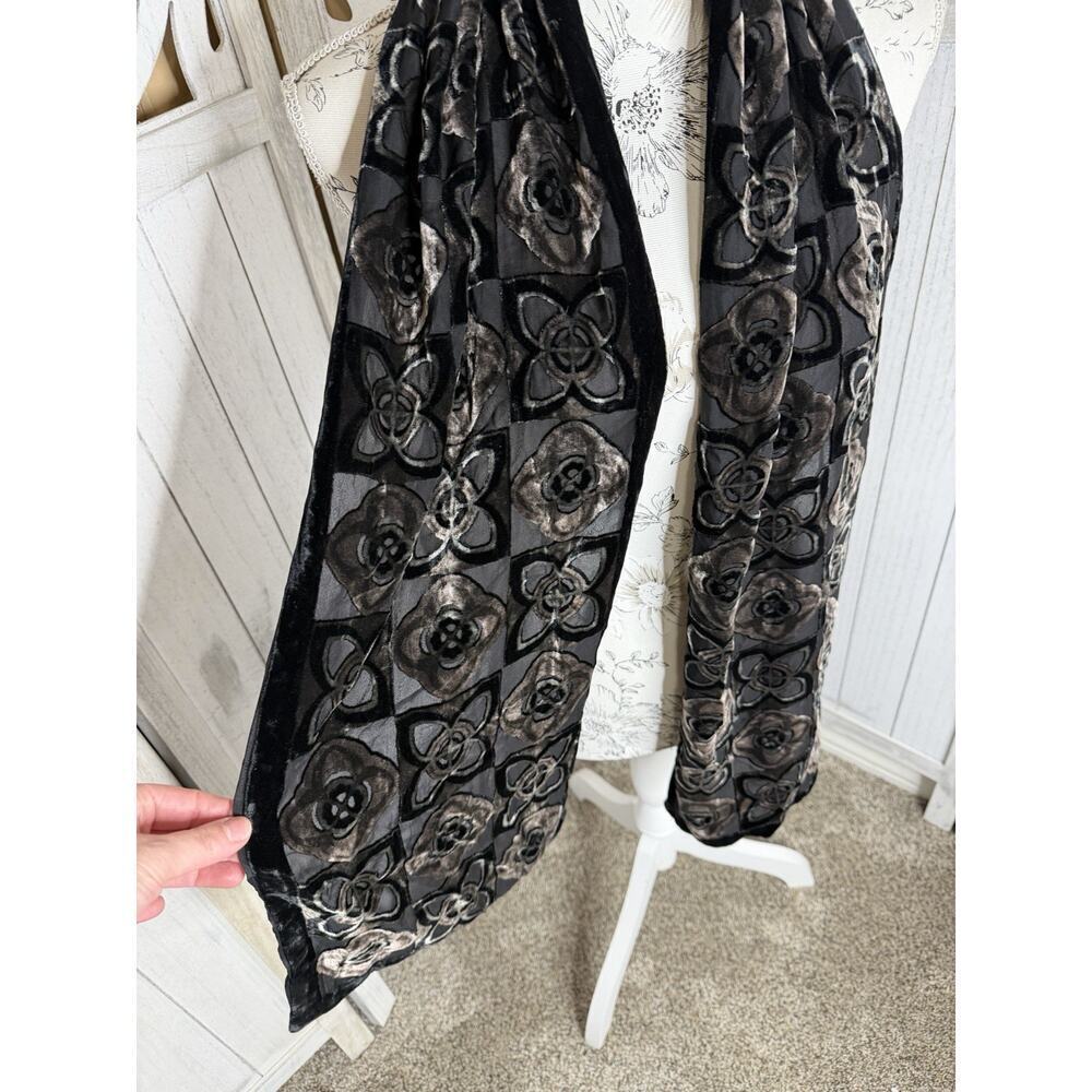 Velvet Burnout Gray Black Rectangle Scarf Wrap Floral Hippie Unique 62in X 9in